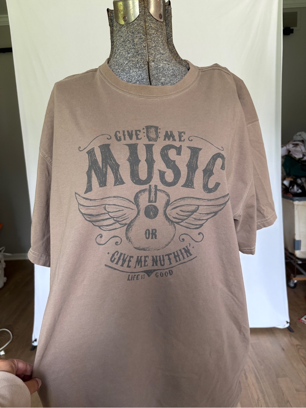 Graphic 'Give Me Music' Tee in Dusty Taupe Life is Good